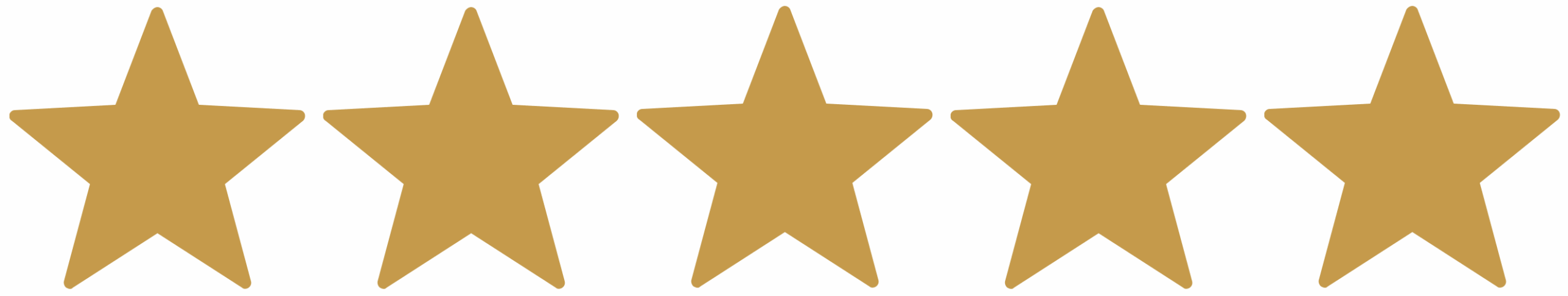 Five gold stars in a row on a white background, representing a five-star rating.