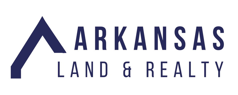 Logo for Arkansas Land & Realty. The design features a stylized roof shape forming an A to the left of the words ARKANSAS LAND & REALTY in bold, dark blue uppercase text.
