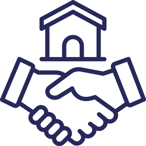 Line drawing of two hands shaking in front of a house, symbolizing agreement or partnership in real estate or housing.