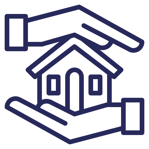 Icon of two hands surrounding a house, representing protection or insurance for a home. The image is outlined in dark blue on a light background.