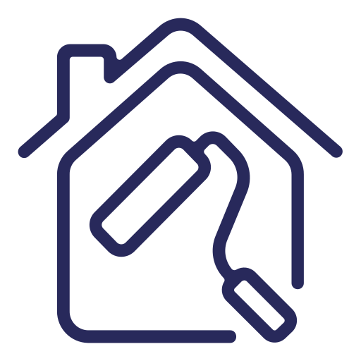 A simple line drawing of a house with a paint roller inside, symbolizing home painting or renovation services.
