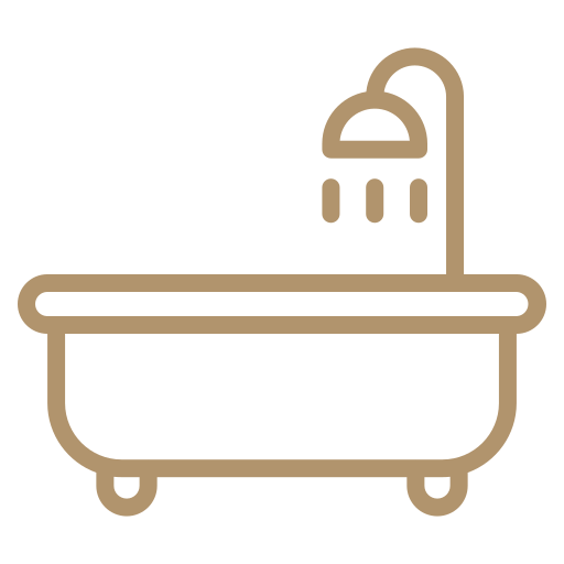 Simple brown line drawing of a bathtub with a showerhead above it, shown on a light background.