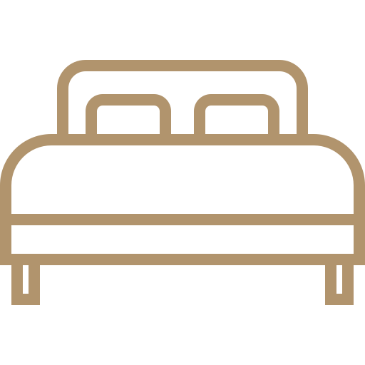 Simple brown line drawing of a double bed with two pillows on a light background.