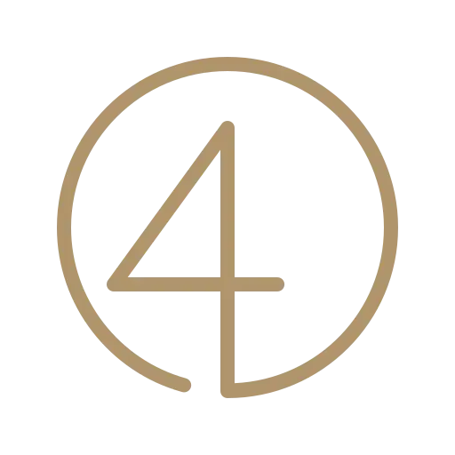 A thin, gold outline of the number 4 is centered within a matching gold circle on a transparent background.