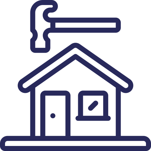 A simple line drawing of a house with a hammer above the roof, symbolizing home repair or construction.