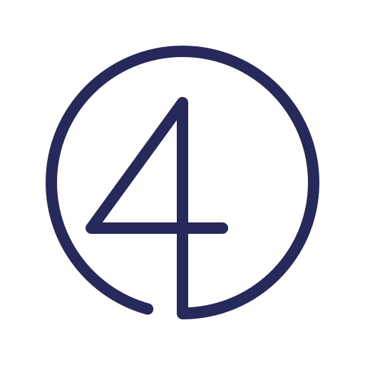 A bold, dark blue number 4 is centered inside a circle with a gap in the lower left. The background is light gray.