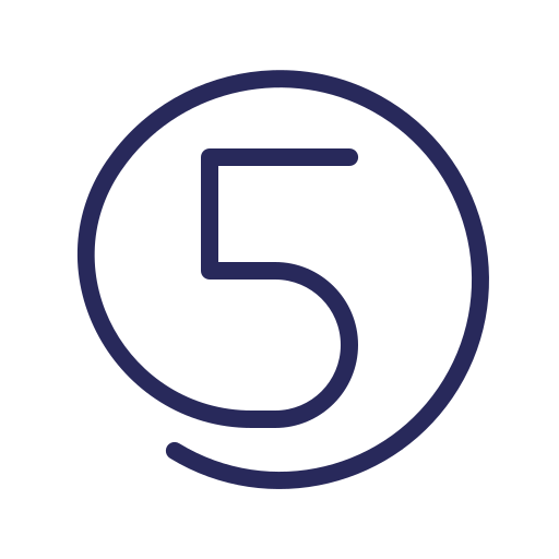 A bold, dark blue number 5 is enclosed within an incomplete circular outline on a light gray background. The circle is open at the lower left.