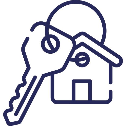 A simple line drawing showing a key overlapping with a house, symbolizing home ownership, buying or renting property.