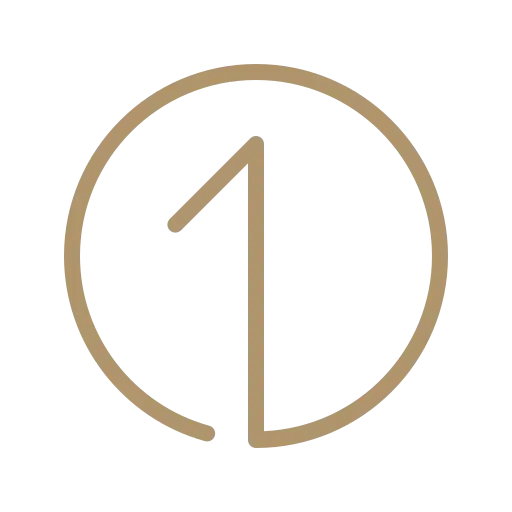 A tan-colored numeral one inside a tan circle on a transparent background.