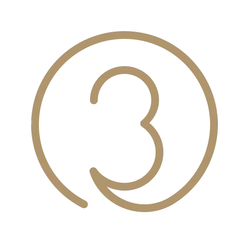 A large, tan-colored number 3 is centered inside a matching tan circle on a transparent background. The circle is open at the top left.