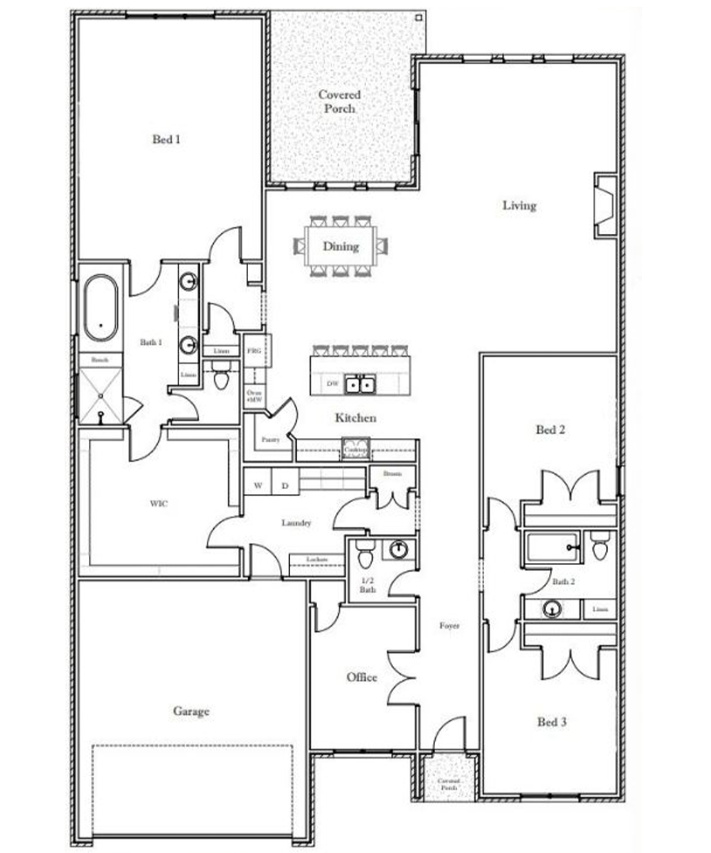 ASPEN Black-and-white floor plan of a single-story house showing three bedrooms, three bathrooms, a large living area, kitchen with island, dining room, office, laundry room, walk-in closet, covered porch, and a two-car garage.