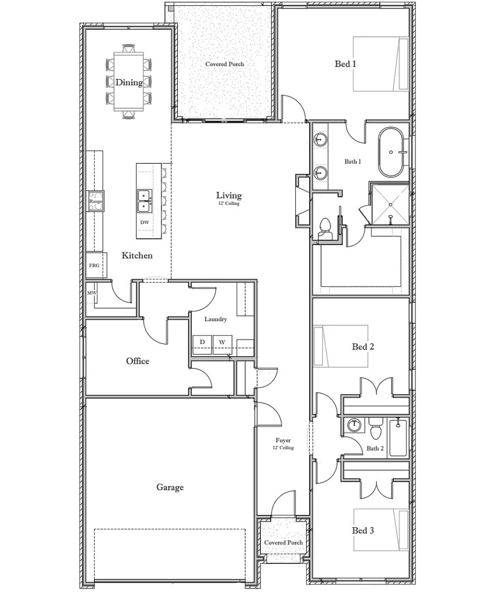 Floorplans Black and white floor plan of a single-story house showing a garage, office, laundry, kitchen, dining, living area, covered porches, three bedrooms, and two bathrooms, with labeled spaces and doors.