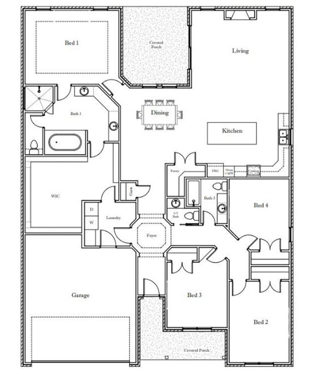 OZARK Black and white floor plan showing a house with a garage, four bedrooms, three bathrooms, kitchen, dining and living areas, laundry, foyer, walk-in closet, and two covered porches.