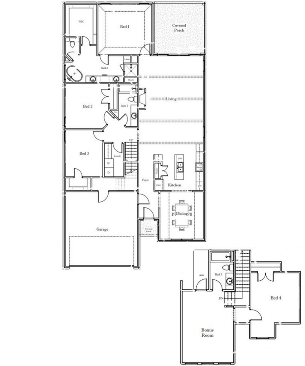 fernwood-2-story2 Black-and-white floor plan of a two-level house showing four bedrooms, a kitchen, dining, living areas, bathrooms, garage, covered porch, laundry, bonus room, and closets. Upper and lower levels are labeled.