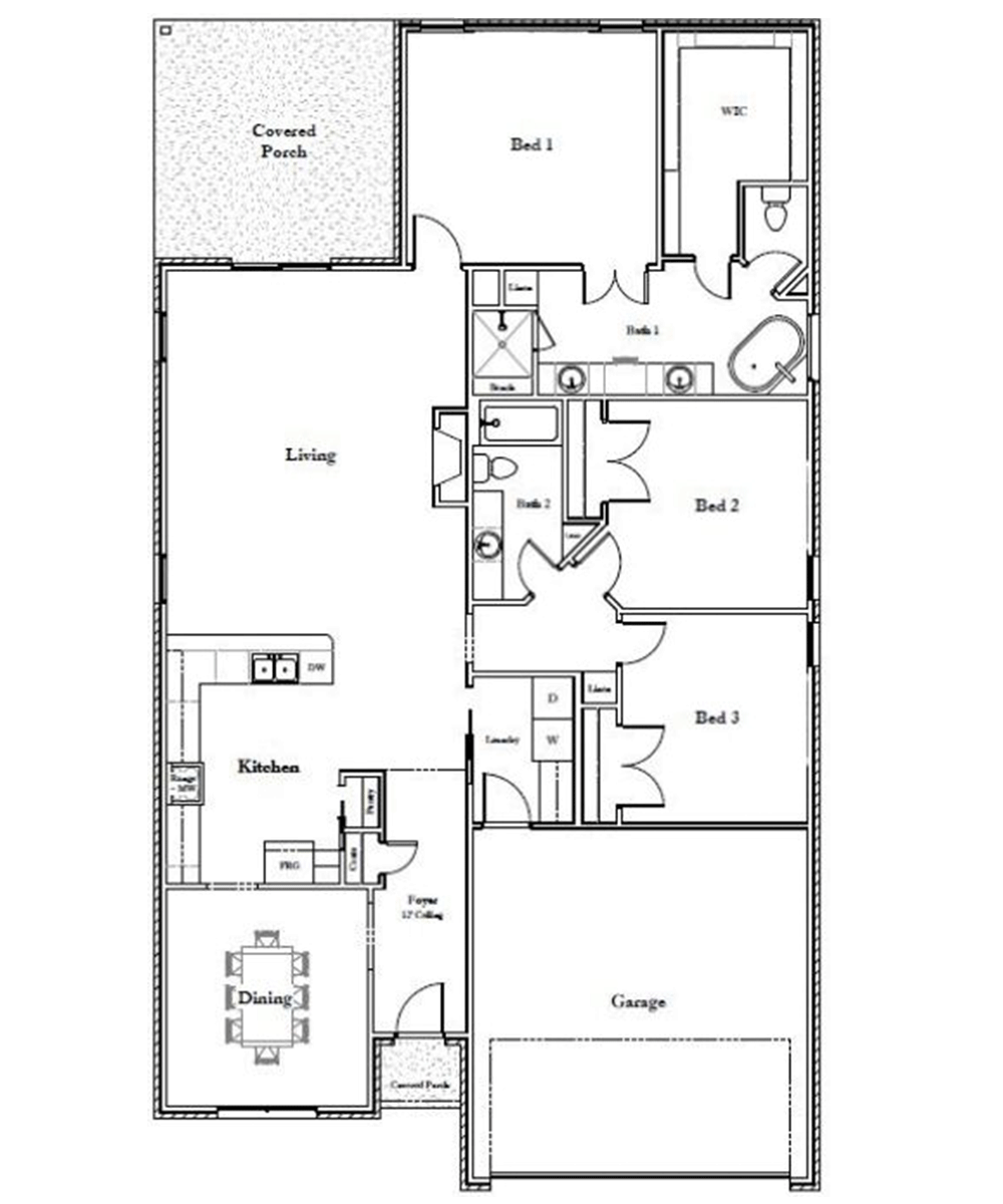 fernwood Black and white floor plan of a house showing three bedrooms, two bathrooms, a kitchen, dining room, living area, covered porch, garage, pantry, and walk-in closet. Doors and windows are labeled throughout.