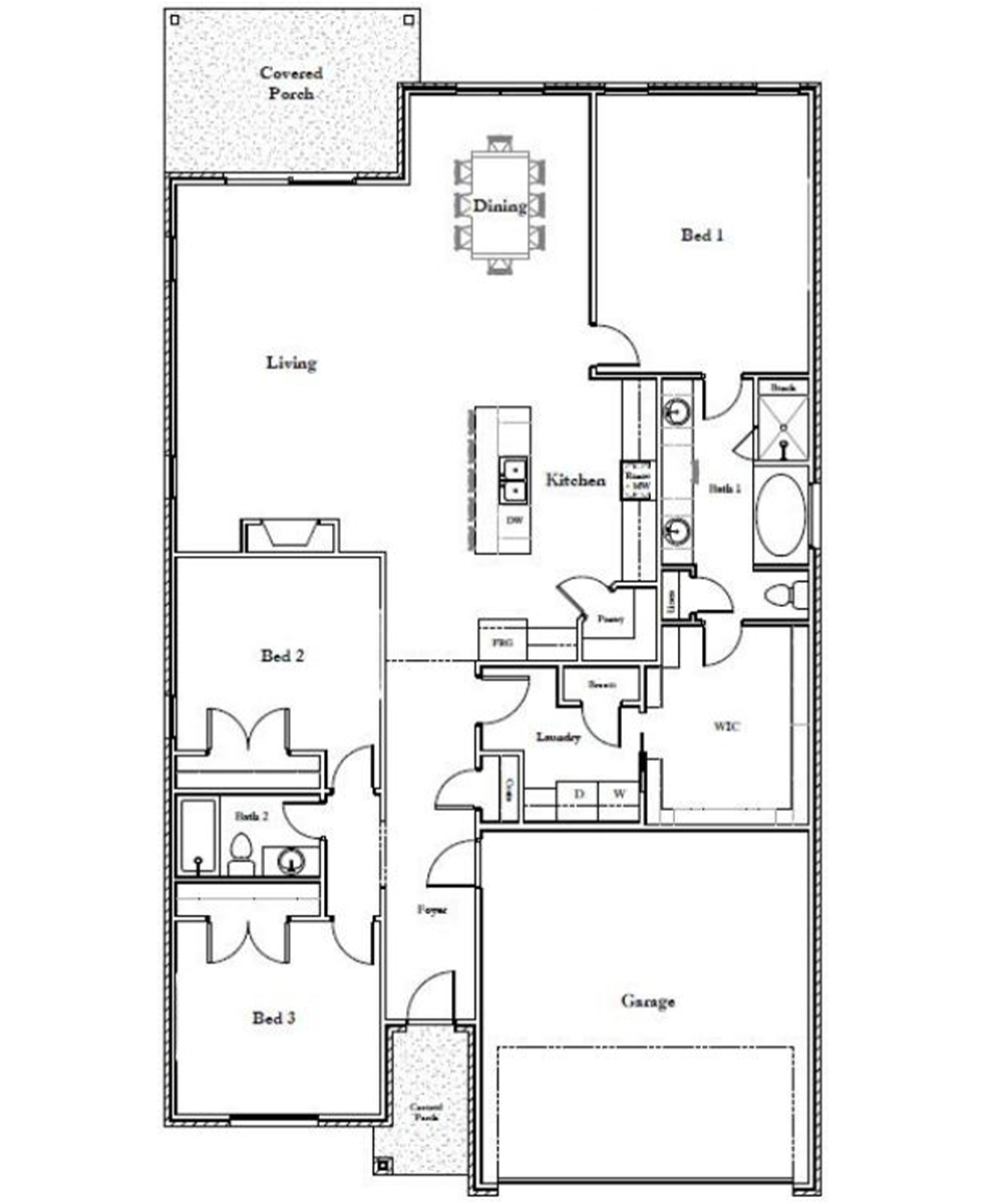 jasper Black and white floor plan of a house featuring three bedrooms, three bathrooms, a kitchen with an island, living and dining areas, laundry room, garage, walk-in closet, and a covered porch.