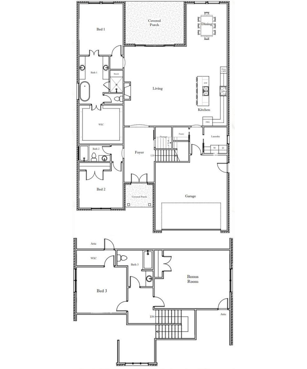 magnolia-2-story Black and white floor plan of a two-level house with three bedrooms, three bathrooms, kitchen, living area, garage, laundry, foyer, covered porch, bonus room, and storage areas. Stairs connect both levels.