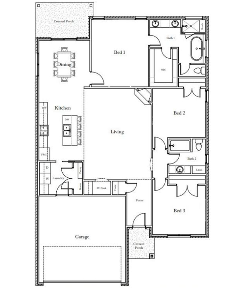 mckinley Black and white floor plan of a single-story house with three bedrooms, two bathrooms, a kitchen, dining area, living room, laundry room, foyer, garage, and two covered porches.